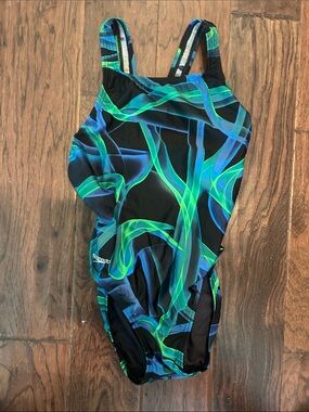 Speedo Black Swimsuit with Blue and Green Abstract Print
